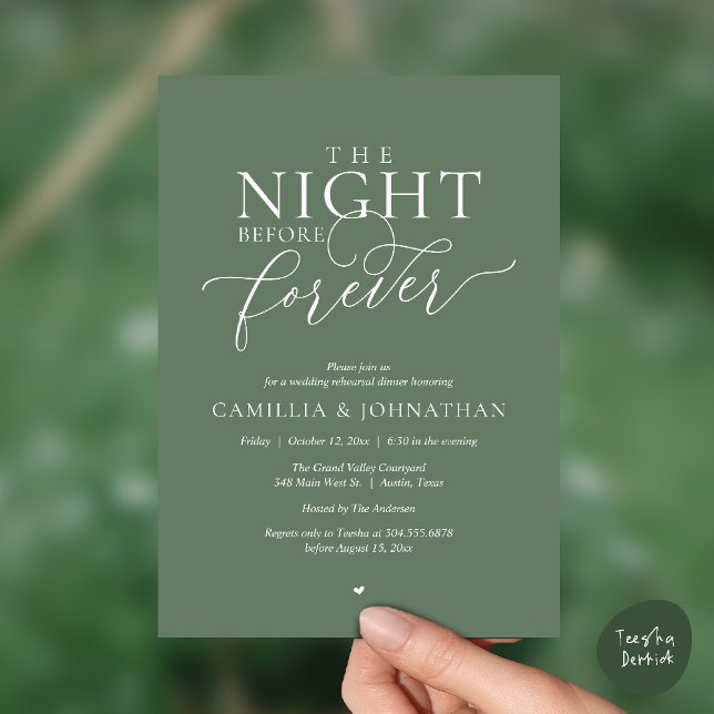 Invitation “La Nuit Avant Forever” Vert Sauge Répétition (“The Night Before Forever” Sage Green Rehearsal Invitation Card)