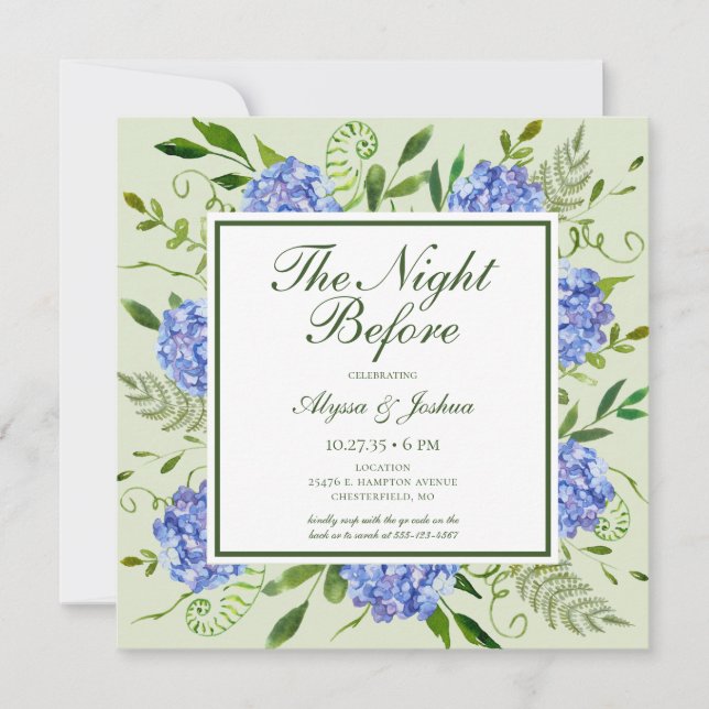 Invitation La nuit avant le code QR de Blue Hydrangea (Devant)