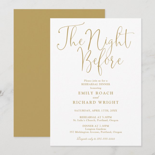 Invitation La Nuit Avant le Dîner de Répétition Chic Or (Devant / Derrière)