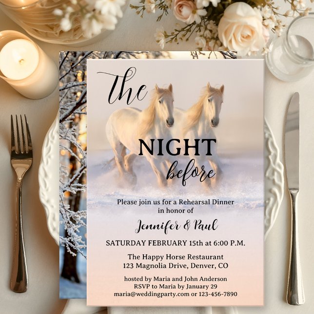 Invitation La Nuit Avant le Dîner de Répétition de Chevaux d' (Elegant winter wonderland Rehearsal Dinner invitation featuring two horses running in the snow)