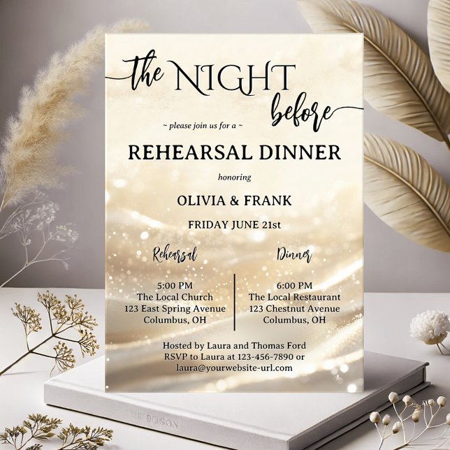 Invitation La Nuit Avant Le Dîner De Répétition D'Or (Modern boho chic rehearsal dinner invitation showing a festive design with script and gold sparkles)