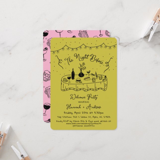 Invitation La Nuit Avant Le Dîner De Répétition Main Dessinée (Devant/Arrière en situation)