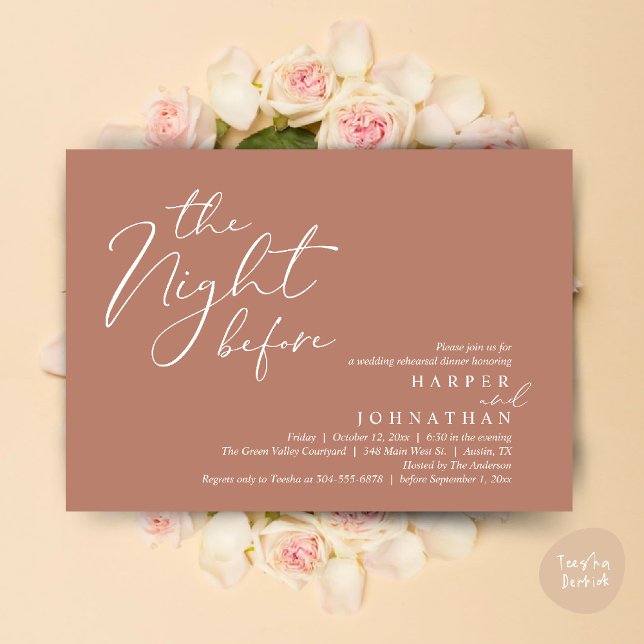 Invitation La Nuit Avant Le Dîner De Répétition Romantique De (The Night Before Romantic Wedding Rehearsal Dinner Modern Invites Card PDF Terracotta Earthy Brown)