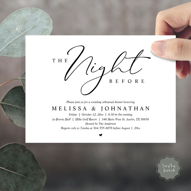 Invitation La Nuit Avant Le Dîner De Répétition Romantique De (The Night Before, Romantic Wedding Rehearsal Dinner Invitation Card, PDF, in Black and White)
