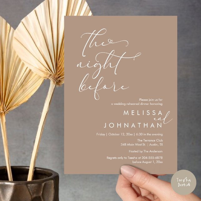Invitation La Nuit Avant Le Dîner De Répétition Romantique De (The Night Before, Romantic Wedding Rehearsal Dinner Invitation Card, PDF, Warm Taupe Brown Boho Chic)