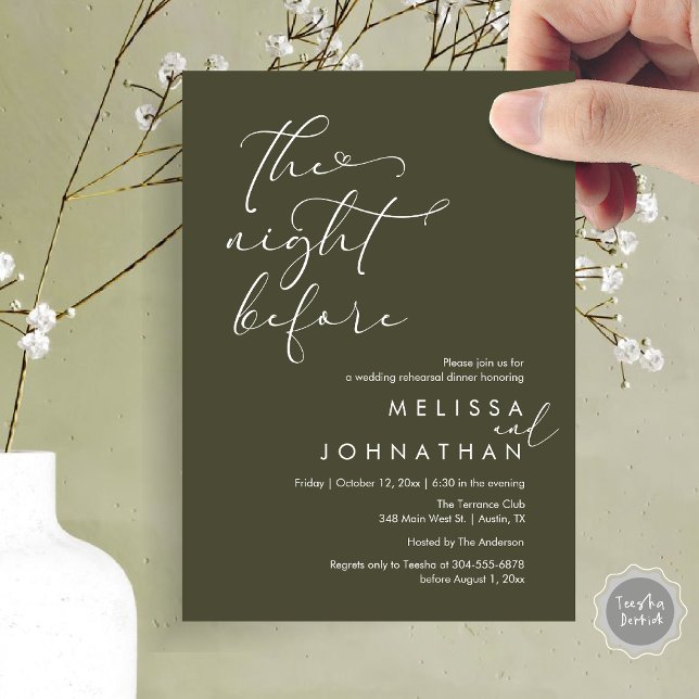 Invitation La Nuit Avant Le Dîner De Répétition Romantique De (The Night Before, Romantic Wedding Rehearsal Dinner Invitation Card, PDF, Olive green)