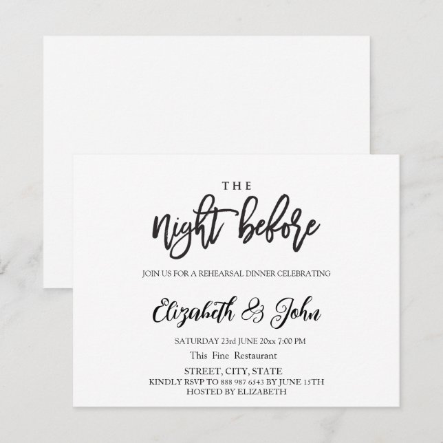 Invitation La Nuit Avant le Dîner de Répétition Simple   (Devant / Derrière)