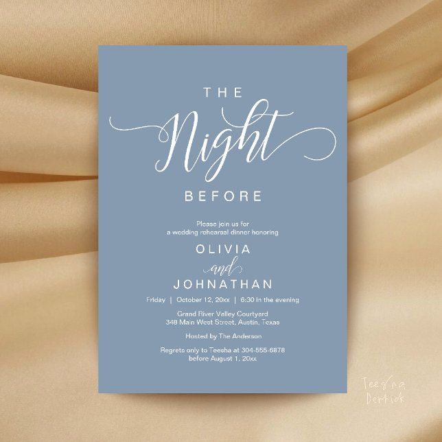 Invitation La Nuit Avant le Mariage : Dîner de Répétition Mod (The Night Before Wedding Modern Rehearsal Dinner Invitation Card in Dusty Blue)
