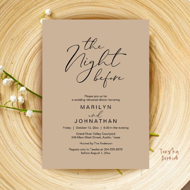 Invitation La Nuit Avant le Mariage Réception de Répétition M (The Night Before Wedding Modern Rehearsal Dinner Invitation Card in Brown Tan)