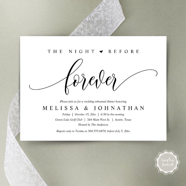 Invitation La Nuit Avant Pour Toujours, Dîner De Répétition M (The Night Before Forever, Modern Wedding Rehearsal Dinner Invitation Card, PDF, in Black and white)