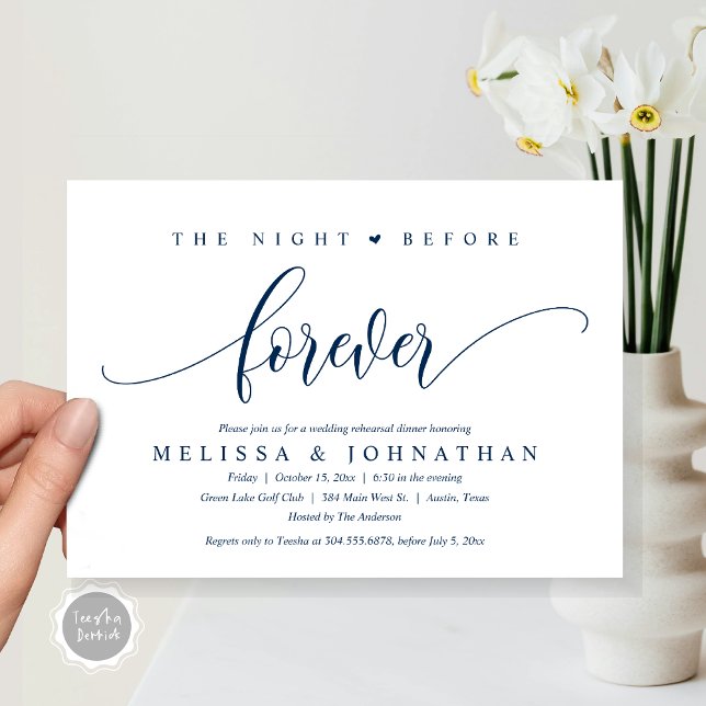 Invitation La Nuit Avant Pour Toujours, Dîner De Répétition M (The Night Before Forever, Modern Wedding Rehearsal Dinner Invitation Card, PDF, in Navy Blue)