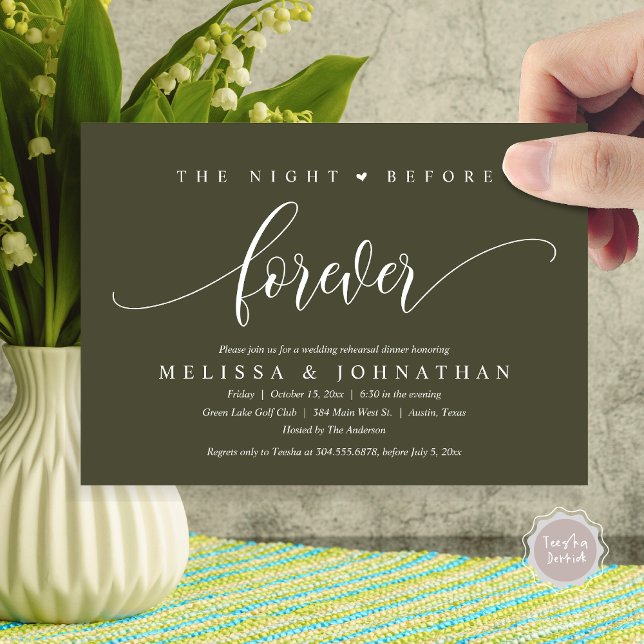 Invitation La Nuit Avant Pour Toujours, Dîner De Répétition M (The Night Before Forever, Modern Wedding Rehearsal Dinner Invitation Card, PDF, in Olive Green)
