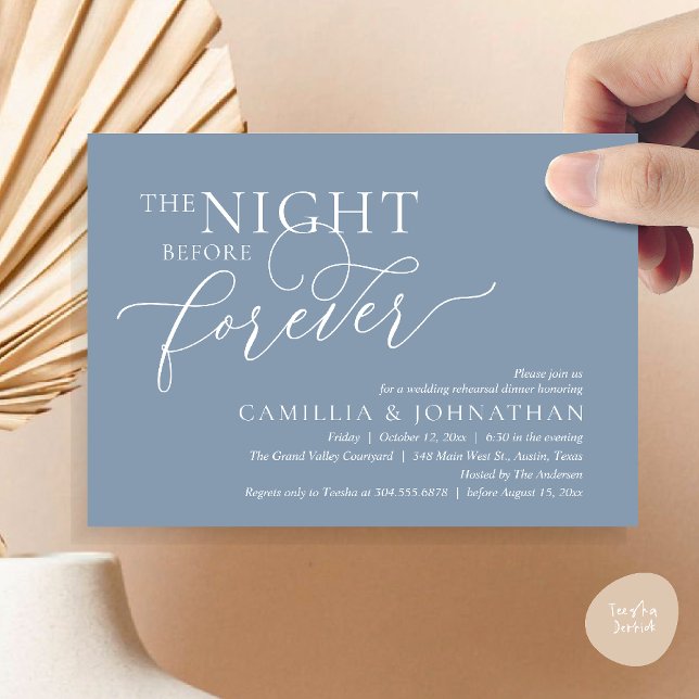Invitation La Nuit Avant Pour Toujours, Dîner De Répétition M (The Night Before Forever Wedding Rehearsal Dinner Romantic Classy Invites Card PDF in Dusty Blue)