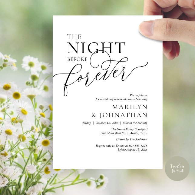 Invitation La Nuit Avant Pour Toujours, Dîner De Répétition M (The Night Before Forever Wedding Rehearsal Dinner Romantic Classy Invites Card PDF in White Black)