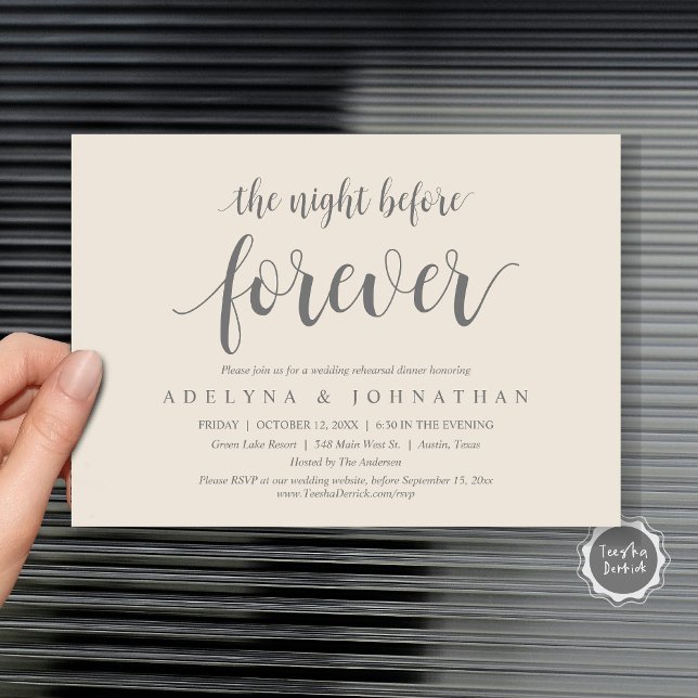 Invitation La Nuit Avant Pour Toujours, Dîner De Répétition M (The Night Before Forever, Wedding Rehearsal Dinner Invitation Card, in dark grey and cream themed.)