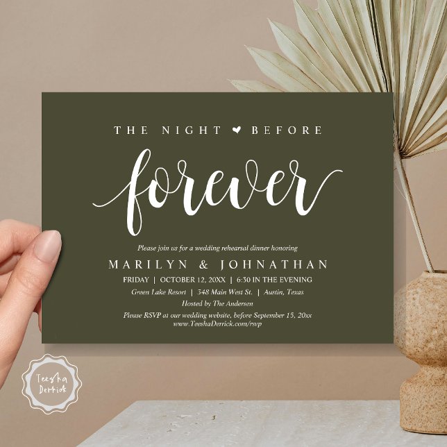 Invitation La Nuit Avant Pour Toujours, Dîner De Répétition M (The Night Before Forever, Wedding Rehearsal Dinner Invitation Card, PDF, Retro, Olive Green)