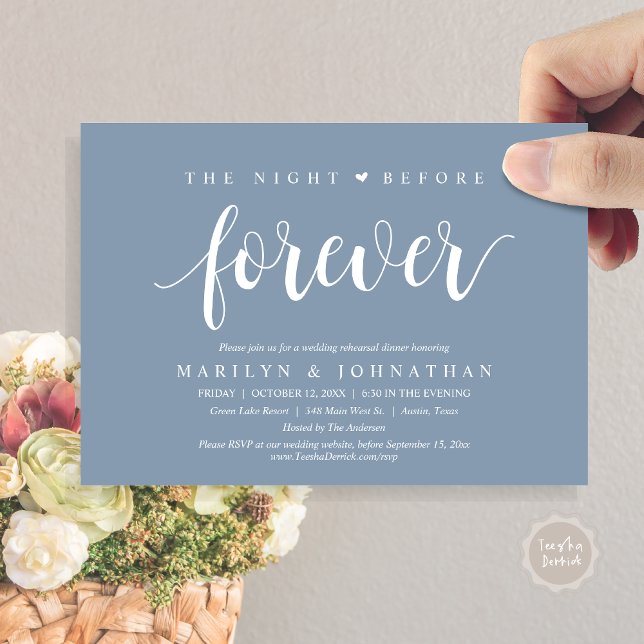 Invitation La Nuit Avant Pour Toujours, Dîner De Répétition M (The Night Before Forever, Wedding Rehearsal Dinner Invitation Card, PDF, Retro Rustic, Dusty Blue)