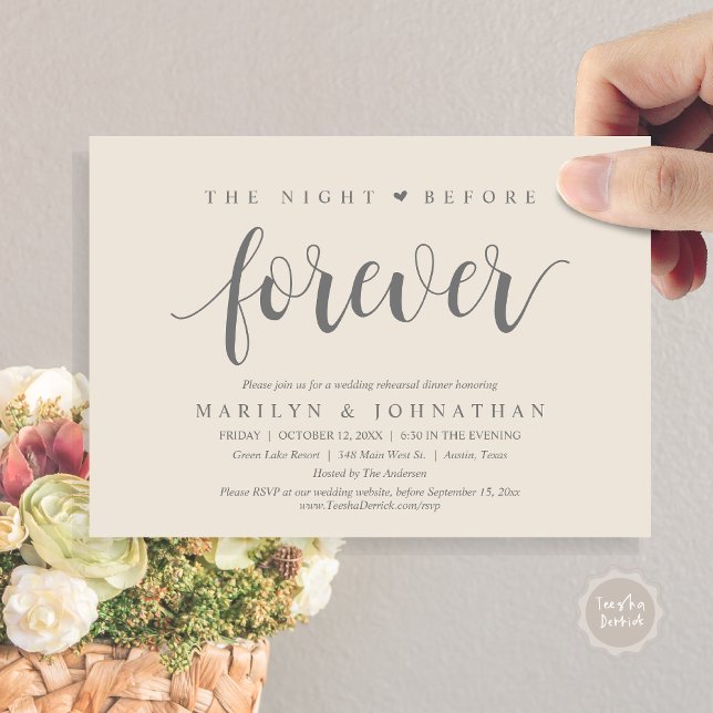 Invitation La Nuit Avant Pour Toujours, Dîner De Répétition M (The Night Before Forever, Wedding Rehearsal Dinner Invitation Card, PDF, Modern rustic, Grey Cream)