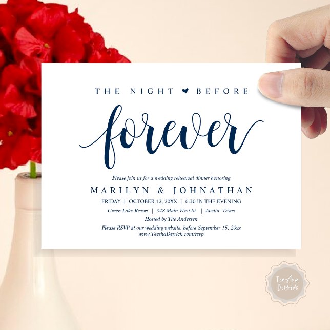 Invitation La Nuit Avant Pour Toujours, Dîner De Répétition M (The Night Before Forever, Wedding Rehearsal Dinner Invitation Card, PDF, Classy Rustic, Navy Blue)