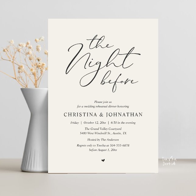 Invitation « La Nuit d'Avant » Dîner de Répétition en Linge d (“The Night Before” Elegant Script Romantic Rehearsal Dinner Invitation Card Soft Linen)