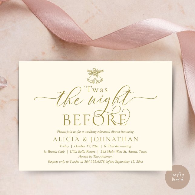 Invitation La Nuit Précédente, Ce Dîner De Répétition Mariage (The Night Before, Twas Wedding Rehearsal Dinner Party Invites Card mistletoe wedding bell Yellow)