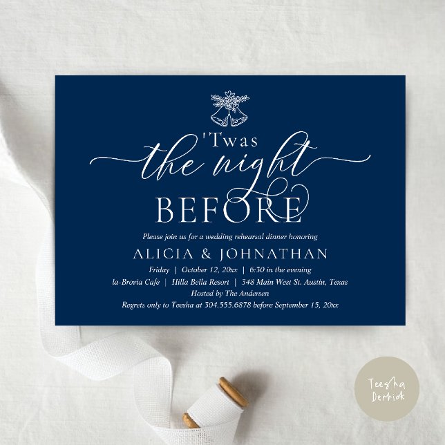 Invitation La Nuit Précédente, Ce Dîner De Répétition Mariage (The Night Before, Twas Wedding Rehearsal Dinner Party Invites Card mistletoe wedding bell Navy Blue)