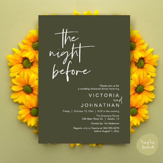 Invitation La nuit précédente, Dîner de la fête de la répétit (The Night Before, Wedding Rehearsal Dinner Party Invites Card PDF Romantic Modern Casual Olive Green)