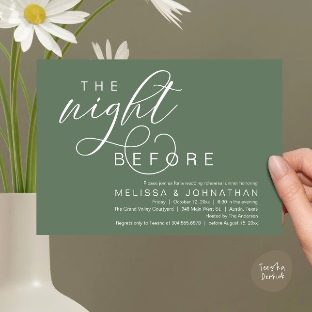 Invitation La Nuit Précédente, Dîner de Répétition de Mariage (The Night Before, Classy Romantic Wedding Rehearsal Dinner Invitation Card PDF Modern Sage Green)