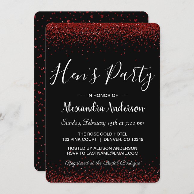 Invitation La Parties scintillant de Rose rouge Sparkle Hen's (Devant / Derrière)