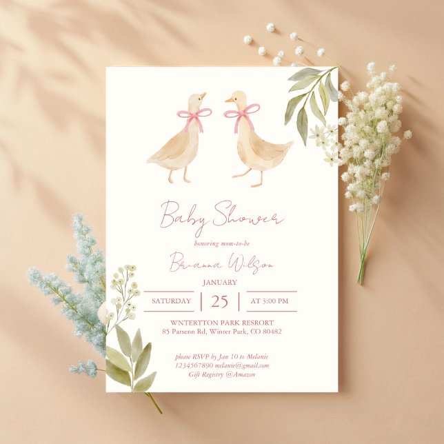 Invitation La pépinière d'oie rose rime le baby shower (Pink Goose nursery rhymes twins baby shower Invitation cards template)