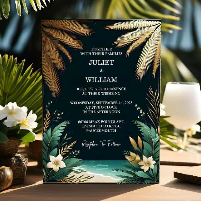 Invitation La Plage De Wreath Palm Tree, Mariage Verte Et Or (Créateur téléchargé)