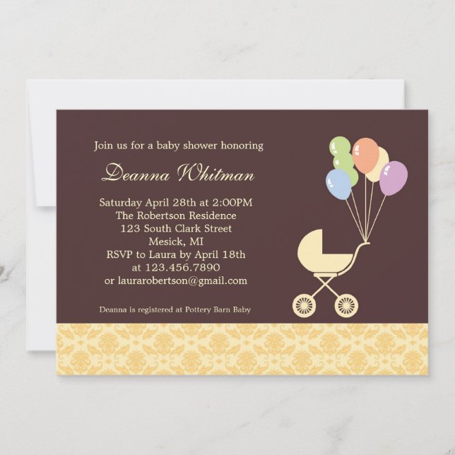 Invitation La poussette jaune avec le Baby shower des ballons (Devant)