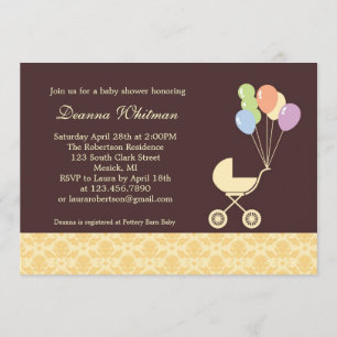 Invitation La poussette jaune avec le Baby shower des ballons