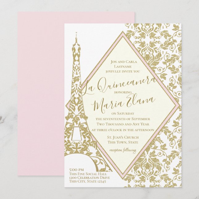 Invitation La Quinceanera Blush et Gold Damask Tour Eiffel (Devant / Derrière)