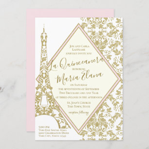 Invitation La Quinceanera Blush et Gold Damask Tour Eiffel