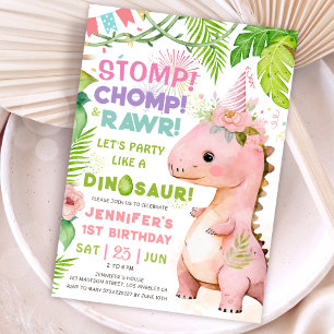 Invitation La Rawr au Timp ! Dinosaur 1er anniversaire Fille