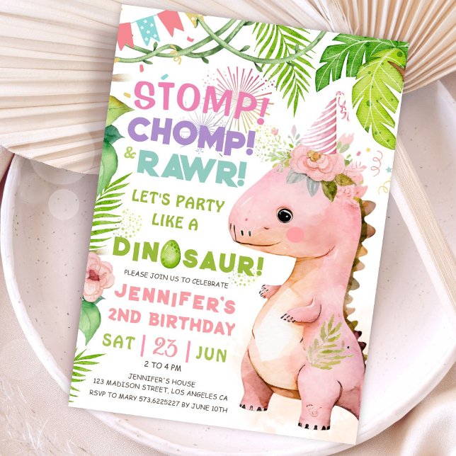 Invitation La Rawr au Timp ! Dinosaur 2e fête d'anniversaire  (#DinosaurBirthdayInvitation #DinosaurBirthdayInvite #GirlDinosaurBirthdayInvitation
)