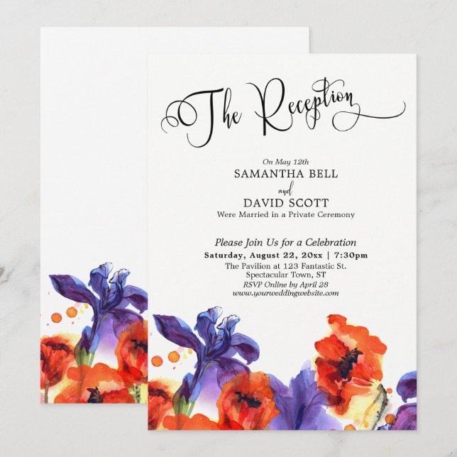 Invitation "La Réception" Typographie Coquelicots rouges Iris (Devant / Derrière)