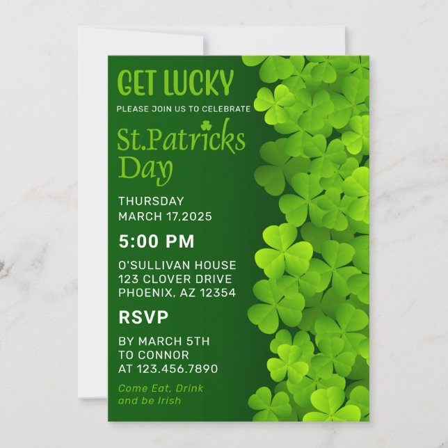 Invitation La Saint Patrick verte shamrock (Devant)