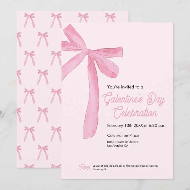 Invitation La Saint-Valentin entre copines : nœud ruban rose  (Devant / Derrière)