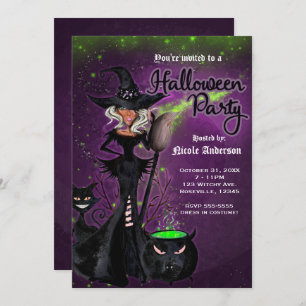 Invitation La sorcière glam du parti Halloween au violet vert