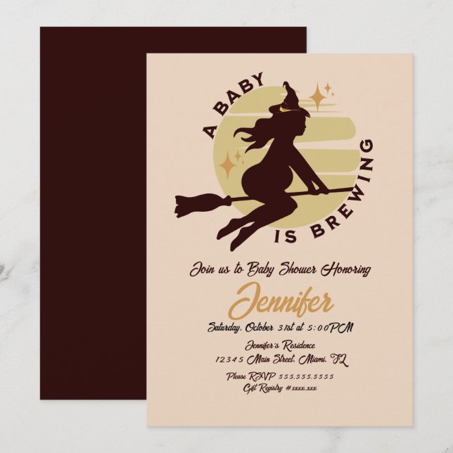 Invitation La sorcière rétro bébé prépare une baby shower (Devant / Derrière)