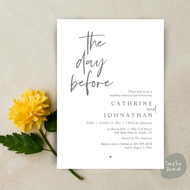Invitation La veille, Déjeuner de répétition Mariage (The day before, Modern Wedding Rehearsal lunch Invitation Card, PDF, in Dark Grey)