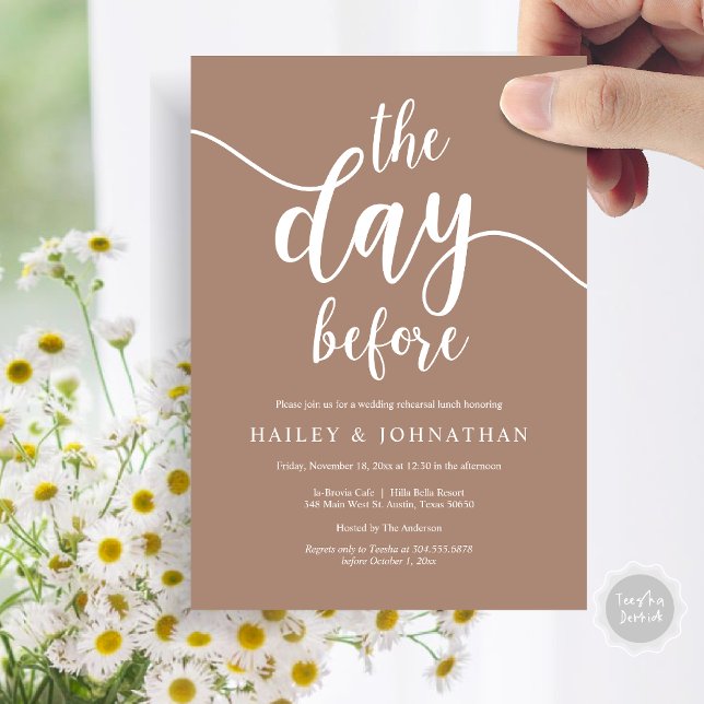 Invitation La veille, Déjeuner de répétition Mariage ou Brunc (The day before, Wedding Rehearsal Lunch or Brunch Invitation Card, PDF, Taupe Brown)