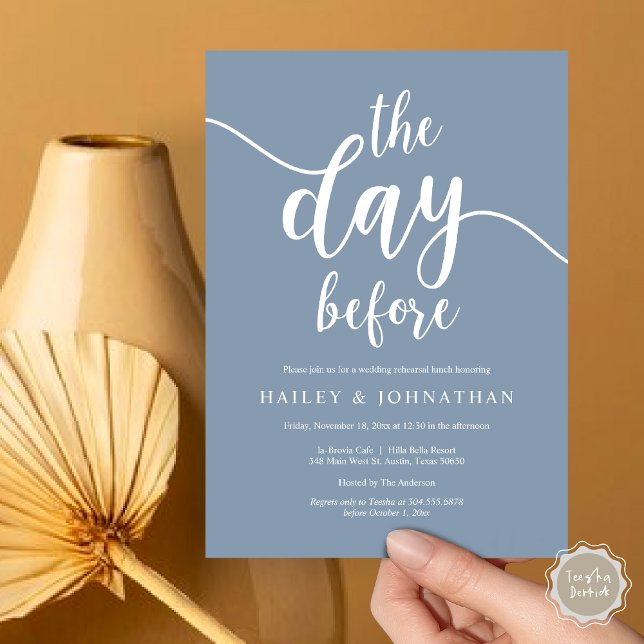 Invitation La veille, Déjeuner de répétition Mariage ou Brunc (The day before, Wedding Rehearsal Lunch or Brunch Invitation Card, PDF, Dusty Blue)