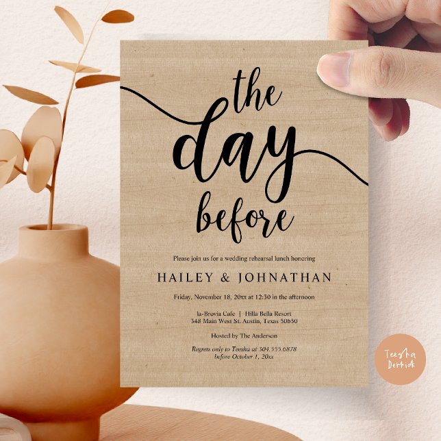 Invitation La veille, Déjeuner de répétition Mariage ou Brunc (The day before, Wedding Rehearsal Lunch or Brunch Invitation Card, PDF, Brown Wood Background)