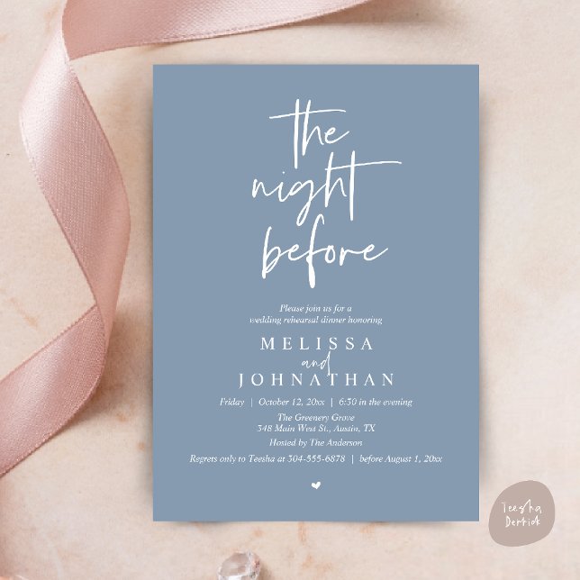 Invitation La veille, Dîner de répétition de mariage moderne (The night before, Modern minimalist Wedding Rehearsal Dinner Invitation card in dusty blue)