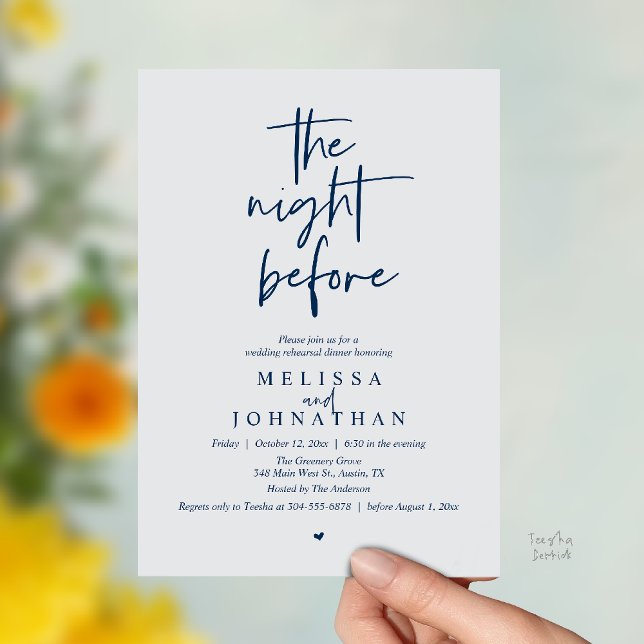 Invitation La veille, Dîner de répétition de mariage moderne (The night before, Modern minimalist Wedding Rehearsal Dinner Invitation card in navy blue chill grey)