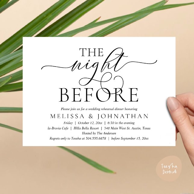 Invitation La veille, dîner de répétition de mariage moderne (The Night Before, Modern Wedding Rehearsal Dinner Party Invitation Card, PDF, Black white)