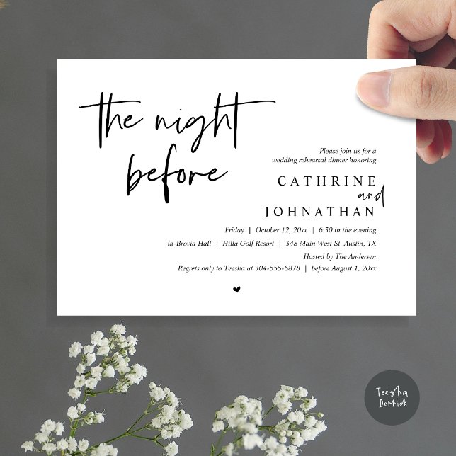 Invitation La veille, Dîner de répétition Mariage (The night before, Wedding Rehearsal Dinner Invitation Card, PDF, in Black and White)